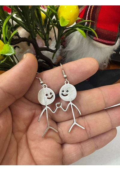 Happy Line Çöp Adam Figürlü Gümüş Renk Küpe Çok Renkli