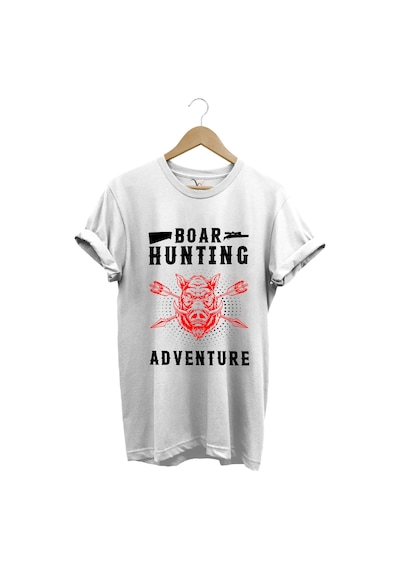 Domuz Avcılığı Baskılı Hunter Avcılık Temalı %100 Pamuk Regular Fit Beyaz T-shirt Beyaz