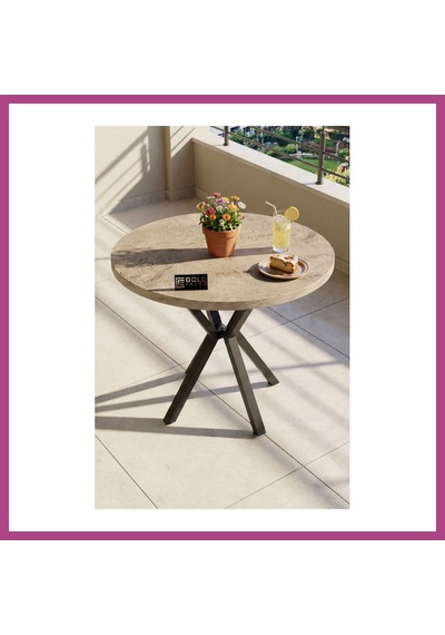 Gees Global Mutfak Masası 90 Cm Yuvarlak Masa Modern Metal Ayaklı Cafe Balkon Ofis Yemek Masası 9826 Traverten Gbzs