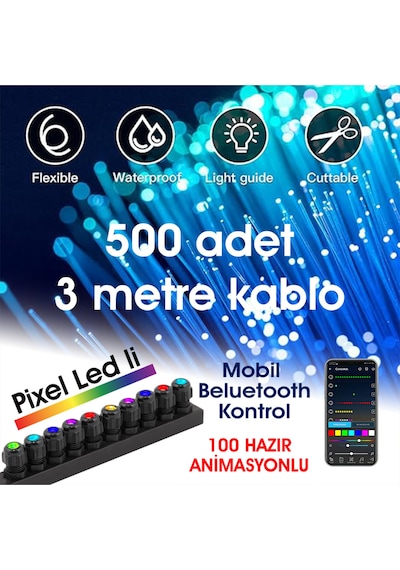 Fiber Optik Şelale, Işık Perdesi, Yağmur Dekor, 500 Adet 3mt 0.75mm Kablo + Animasyonlu Işık Kaynağı Çok Renkli