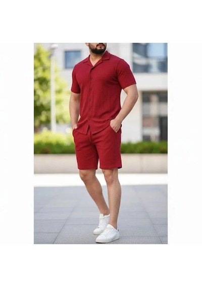 Erkek Waffle Kumaş Kısa Kollu Gömlek Ve Şort İkili Takım Regular Fit Bordo Erkek Waffle Kumaş Kısa Kollu Gömlek Ve Şort İkili Takım Regular Fit Bordo
