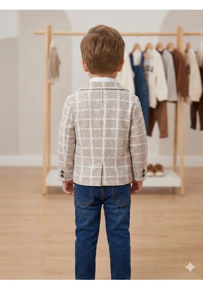 Erkek Çocuk Bej Kareli Blazer Ceketli Papyonlu 3 Lü Takım Beyaz