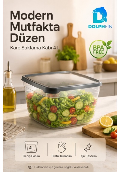 4 Litre Kapaklı Kare Saklama Kabı İstiflenebilir Bpa İçermez Şeffaf Siyah