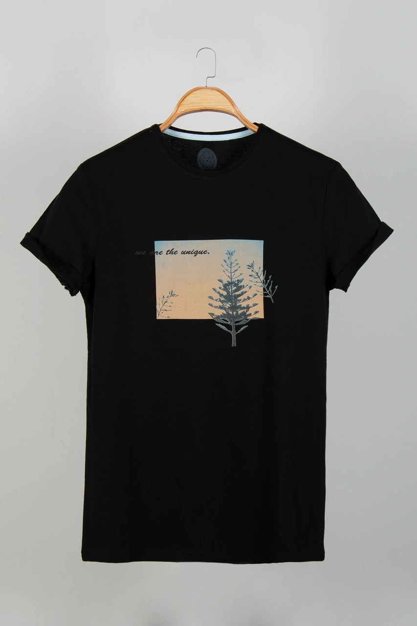 Veaven Erkek Bisiklet Yaka Önü Baskılı T-shirt Vavn306-0000019-1 Siyah