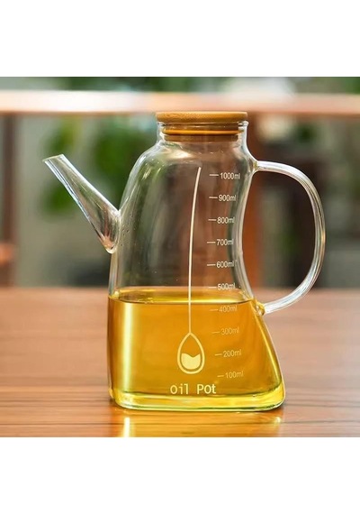 1000ml Bambu Kapaklı Cam Yağlık Ve Sirkelik Dayanıklı Ve Şeffaf Sıvı & Mutfak İçin Hassas Sıvı Ölçüm Ve Saklama Çözümü 1000ml - Cam Sürahi Sıvı Ölçü Kabı