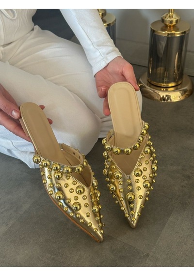 Erva'nın Butiği Gold Maria Gold Droplu Kadın Terlik-5912 Gold Rugan