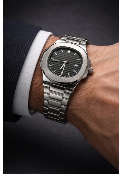 Patek Model Eşref Tek Saati Çelik Takvimli Siyah - 830214920 Gümüş