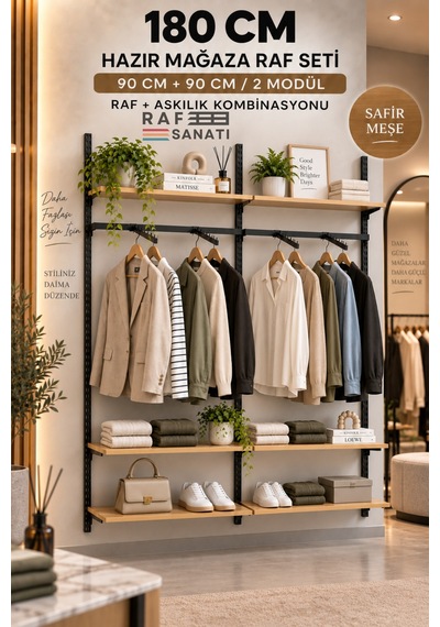 180 Cm Duvar Raf Askılık Sistemi 6 Raflı 2 Modül 200 Cm Konik Dikme Hazır Set Safir Meşe