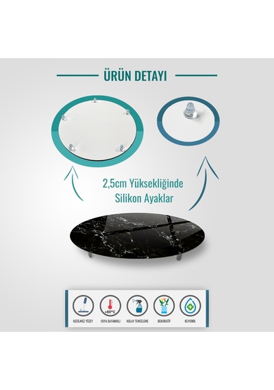 Decorıta | Cam Sunum Standı | Siyah Mermer Görünümlü | Çap32cm