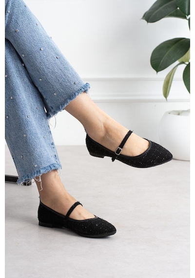 Shoetek Lofi Kadın Babet Önden Bantlı Tokalı Keten Dokumalı Siyah