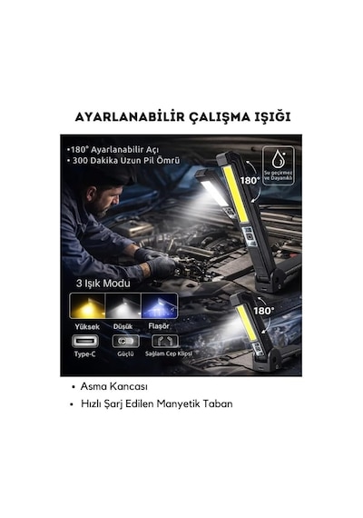 Gp-299 Şarjlı Mıknatıslı Cob Led Çalışma Lambası - Tamir Lambası Kırmızı - Mavi İkaz Ledli