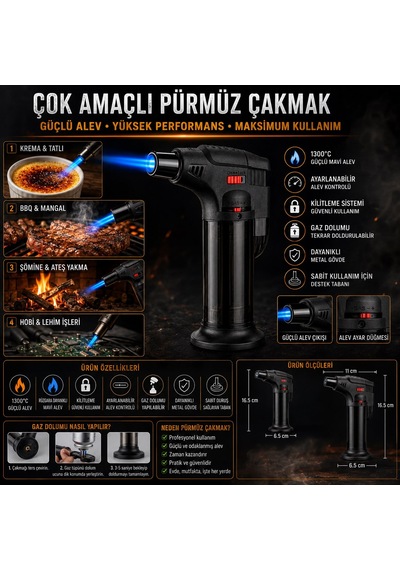 Pürmüz Çakmak 1300 C Turbo Jet Alevli Mangal Kamp Şömine Çakmağı Ayarlanabilir Alev Pürmüz Çakmak Diğer