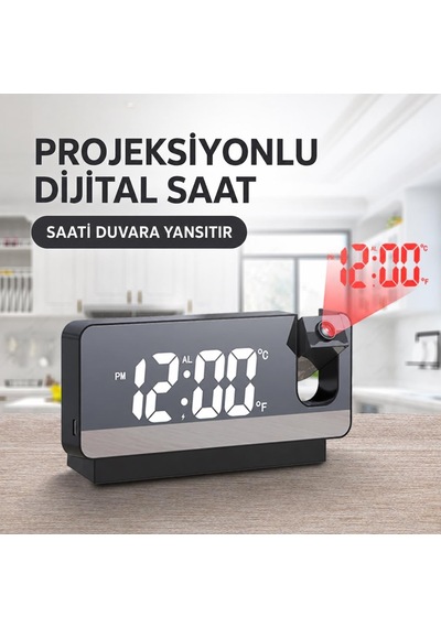 Projeksiyonlu Dijital Alarm Saat Led Ekranlı Termometreli Çift Alarmlı Siyah Diğer