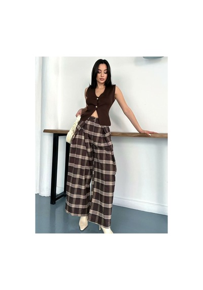 Asur Boutique Asur Butik Kadın Fular Detaylı Ekose Pantolon Kahverengi