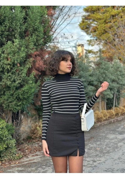 Saklımoda Kadın Çizgili Kaşkorse Kumaş Tam Balıkçı Bluz Siyah