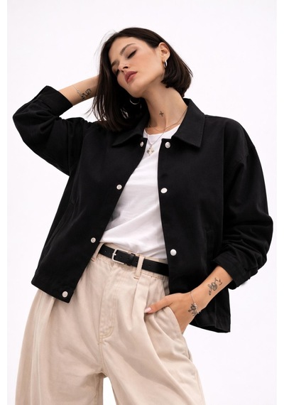 Kadın Oversize Basic Gabardin Mevsimlik Polo Yaka Ceket-385 Siyah