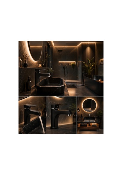 Rena Design Lavabo Bataryasi Mat Siyah Lüks Ağir Gövde Prinç Banyo Su Tasarruflu Aç Kapa 2 Yil Garantili Kare Sicak Soğuk