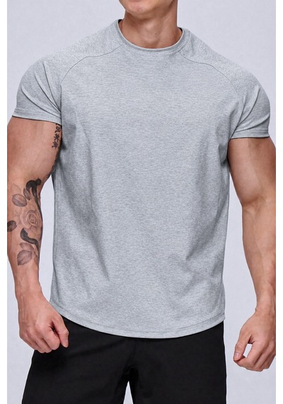 Genius Store Erkek Spor Tişört Running Sports Gym Reglan Oval Kesim Penye T-shirt Ovalt-shirt Gri Melanj
