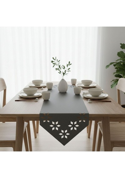 1 Adet Deri Runner-40x140 Cm-çiçek Desenli Runner Gri
