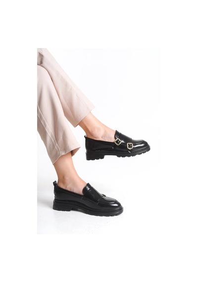 Sermoda Loafer Kadın Ayakkabı - Makosen Tokalı Casual Günlük Kadın Ayakkabı Siyah Rugan