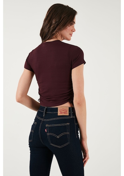 Lela Yanlardan Büzgülü Kısa Kollu Crop Bayan Bluz 5864010 Vişne