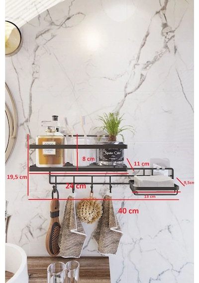 Suntel Yapışkanlı 4 Kancalı Banyo Rafı Ve Sabunluk Banyo Düzenleyici Askılı Banyo Organizer Siyah