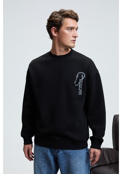 Grimelange ALDEN Erkek Yuvarlak Yaka Göğsü Ve Sırtı Baskılı Relaxed Fit Siyah Sweatshirt