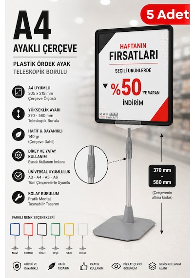5 Adet - A4 Ayaklı Fiyat Etiketlik Teleskopik Borulu Çerçeve Etiketlik Yönlendirme Levhası Menü Panosu Siyah