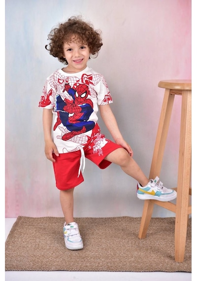 Sml Tekstil Spiderman Temalı Bej Çocuk Tişört Ve Şort Takımı Kırmızı