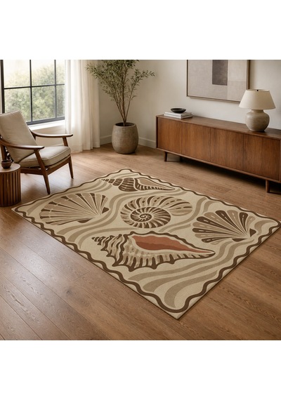 Kartela Halı Deniz Kabuğu Desenli Halı Bej Kaymaz Taban Makinede Yıkanabilir Salon Halısı 200x300 Cm