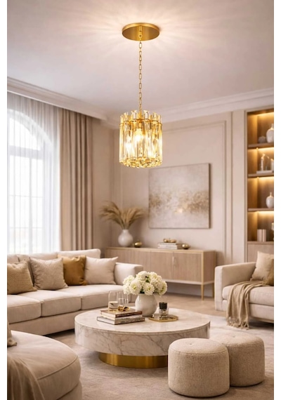 Bohem Aydınlatma Gold Kristal Cam Taşlı Tekli Belek Sarkıt Modern Avize Gold
