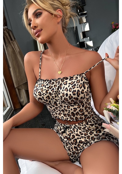 Kadın Leopar Desenli Şortlu Fırfırlı Gecelik Takımı H110462 Diğer