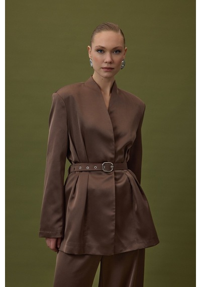 Lisa Kemerli Saten Ceket - Kahve-136928 Kahve