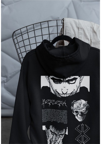 Macklin Unisex Kadın Erkek Berserk Anime Ön Arka Baskılı Özel Tasarım Baskılı Kapşonlu Sweatshirt Siyah Mck1506 Siyah