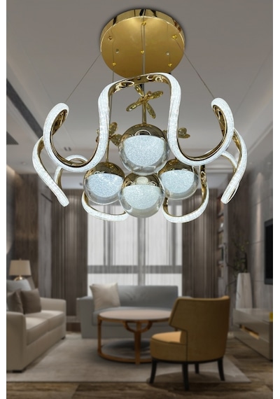 Arya Fanus 4 Toplu Simli Slikonlu Yüksek Işık Modern Salon Led Avizesi - Kumandasız / Gold Gold