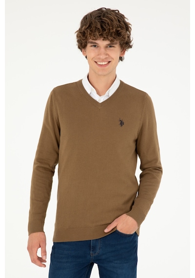 U.S. Polo Assn. Erkek Slim Fit V Yaka Haki Melanj Basic Kazak 50293512-VR125