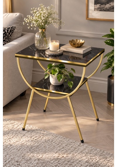 Sulorahome Yan Sehpa Komodin Siyah Mermer Desenli Gold Metal Ayaklı Siyah Mermer - Altın