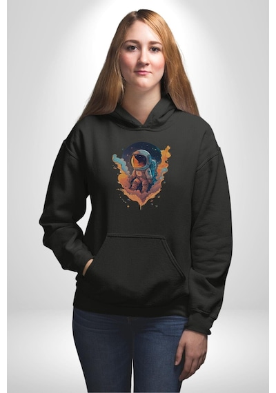 Bulutlar Astronot Uzay Kadın Erkek Siyah Kapüşonlu Sweatshirt Hoodie Siyah