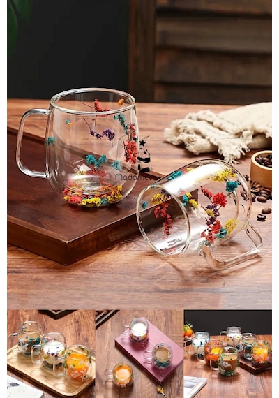 6'lı Çift Çidarlı Flower Cup Çiçekli El Yapımı Borosilikat Bardak 350 Ml Kulplu Kahve Sunum Bardağı Çiçekli