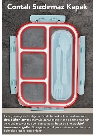 Sızdırmaz Contalı Yemek Kabı - 4 Bölmeli Çatal Kaşıklı Diyet Beslenme Kutusu Lunch Box Mavi MAvi