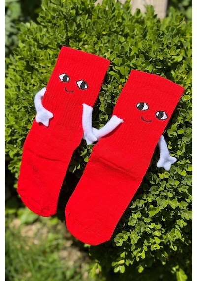 Lousocks Unisex Kırmızı Elele Tutuşan - Halay Çeken Çorap 1 Çift - Sevimli Yüz İfadeli Soket Çorap