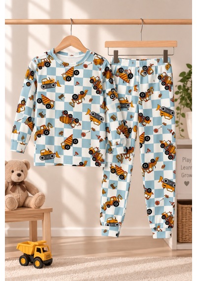 Free Beka Desenli Bisiklet Yaka %100 Pamuklu İnterlok Kumaş Erkek Çocuk Uzun Kollu Pijama Takımı Turkuaz
