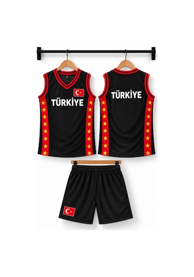 Sonvadi Çocuk Basketbol Forması Türkiye Armalı Siyah-kırmızı 3 Parça Çorap Siyah