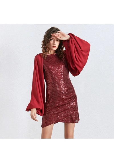 Fashion Cocktail Payetli Pullu Balon Şifon Kol Yuvarlak Yaka Mini Düğün Nişan Davet Abiye Elbise Kırmızı Fashion Cocktail Payetli Pullu Balon Şifon Kol Yuvarlak Yaka Mini Düğün Nişan Davet Abiye Elbise Kırmızı