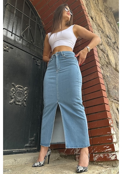 Vikings Jeans Kadın Maxi Denim Etek Likralı Önden Yırtmaçlı Yüksek Bel Acık Mavi Açık Mavi
