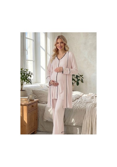 Hafsara Viscoz Yumuşak Dokulu Önden Düğmeli Sabahlıklı Lohusa Pijama Takımı Pembe