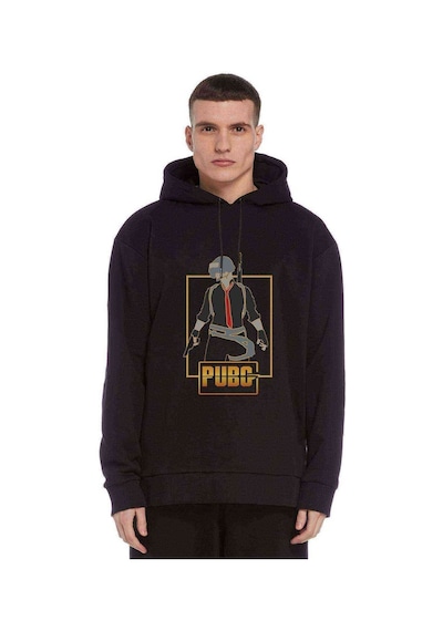 Pubg Man Baskılı Siyah Erkek Örme Kapşonlu Sweatshirt