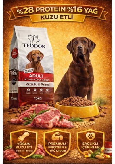 Teodor Kuzu Etli Yetişkin Köpek Maması 15kg %28 Protein %16 Yağ