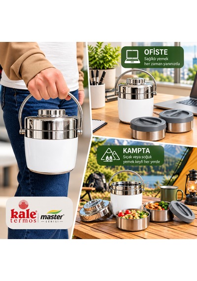 Kale Master 1,2 L Çelik Yemek Termosu Beyaz, 2 Kaplı Paslanmaz Çelik Sefer Tası, Sıcak Soğuk Yemek Taşıma Termosu-505