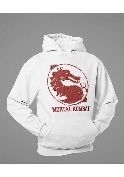 Sevbano Tasarım Mortal Kombat Baskılı Unisex Oversize Anime Hoodie Beyaz